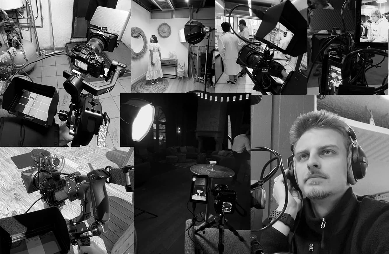 Black-and-white studio collage for philippok production